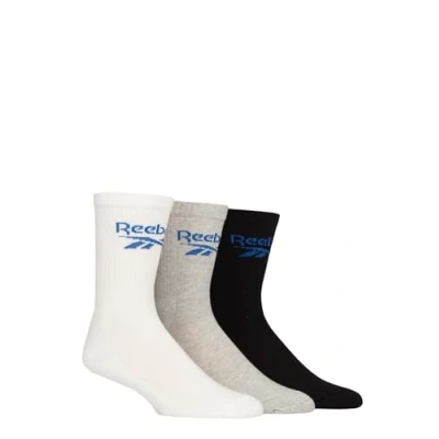 Image of Mens and Women&#039;s 3 Pair Reebok Foundation Cotton Crew Socks White / Grey Black 2.5 3.5 UK