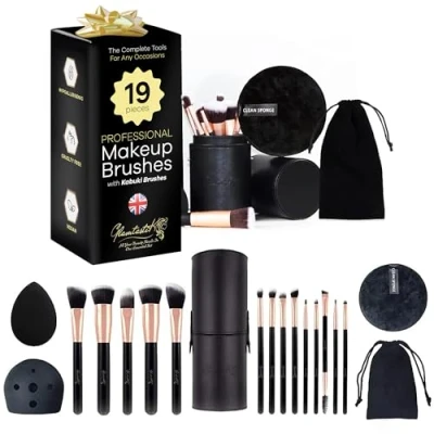 Image of Glamtastik® Professional Makeup Brushes 19 PC Brush Set Vegan Cosmetic Kit with Kabuki Make up Beauty Blender Remover Pad Cleaner Case Gift UK Brand