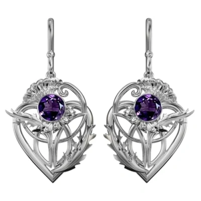 Image of CAIRN Sterling Silver Scottish Thistle Earrings With Amethysts Sabie. Jewellery Gift Box Included.6104