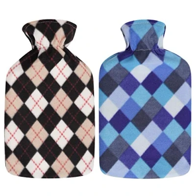 Image of 2 x Hot Water Bottles with Soft Fleece Cover Natural Rubber Litre Capacity (Check Diamonds)