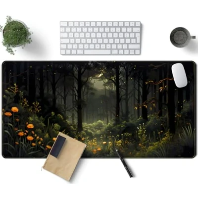 Image of Dark Forest Desk Mat Mouse Pad, Green Nature Deskmat XXL Large Extended Aesthetic Plant Mousepad Gaming Big Laptop Computer Keyboard and for Women Office Decor 31.5x15.7 in