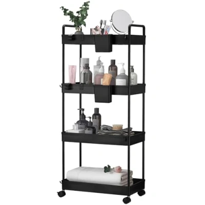 Image of Wuudi 4 Tier Storage Trolley Cart, Slide Out Cart with Wheels Rolling Utility Shelf Rack for Kitchen Bathroom Hanging Cups &amp; Partition