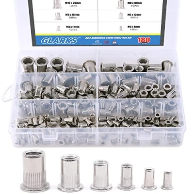 Image of Glarks 180Pcs 304 Stainless Steel Flat Head Threaded Rivetnut Insert Nutsert Rivet Nut Assortment Kit M3 M4 M5 M6 M8 M10
