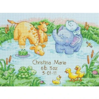Image of Dimensions Counted x Stitch Birth Record: Little Pond, 100% Cotton, Blue, 30 22 0.1 cm