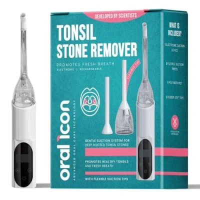 Image of Oral Icon Electric Tonsil Stone Removal Kit Vacuum Suction Pipette Complete to Remove Stones for Fresher Breath Magnifying Mirror, Tongue Depressor &amp; Irrigator Syringe