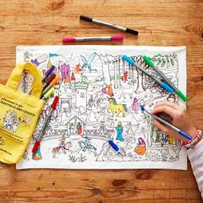 Image of eatsleepdoodle Colouring Placemat For Kids w/ 10pk Washable Markers 33x47cm Fairytale Ultra &amp; Reusable Arts and Crafts