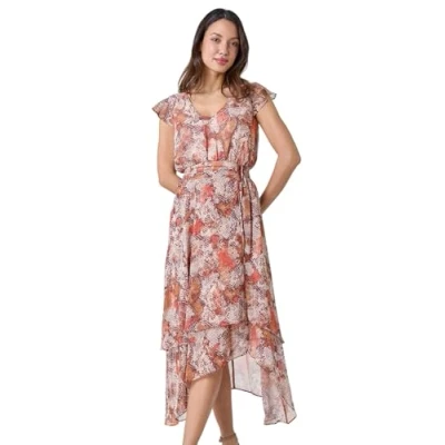 Image of Roman Originals Snake Print Tiered Midi Dress for Women UK Ladies Everyday Holiday Spring Summer V Neckline Comfy Soft Evening Vacation Work Party Stone Size 20