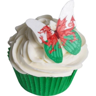 Image of Pack of 12 Edible Wafer Decorations Welsh Flag Butterflies 201 230