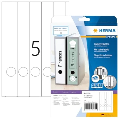Image of HERMA Self Adhesive Spine Labels, 5 Labels per A4 Sheet, 25 Sheets, 38 x 297 mm, 125 Blank Lever Arch File Folder Stickers, Sticky for Laser &amp; Inkjet Printer, White