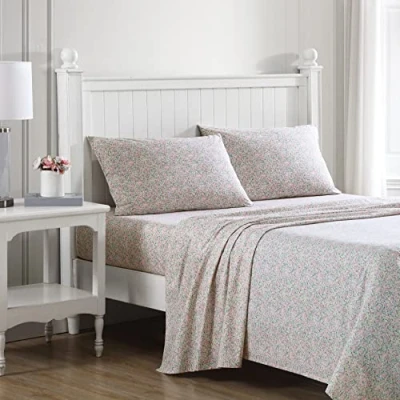 Image of Laura Ashley King Sheets, Cotton Percale Bedding Set, Lightweight &amp; Breathable Home Decor (Lovestone Pink, King)