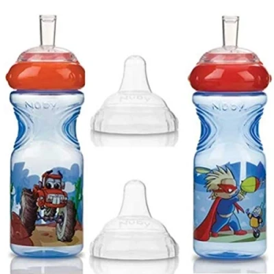 Image of 2 x Nuby 300ml Sports Sipper, Non Spill, Soft Leakproof Spout &amp; BPA Free Juice Drink Bottle, Beaker, Container for Toddlers, Children, Kids (9m+) (Blue + Blue)