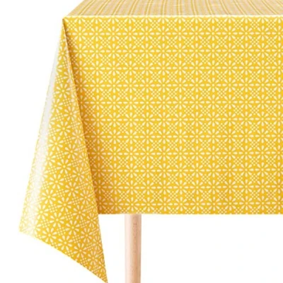 Image of KP HOME Square Shape Yellow PVC Wipe Clean Oilcloth Tablecloth With White Floral Print 140x140cm Bright Classic Wipeable Vinyl Plastic Table Cloth