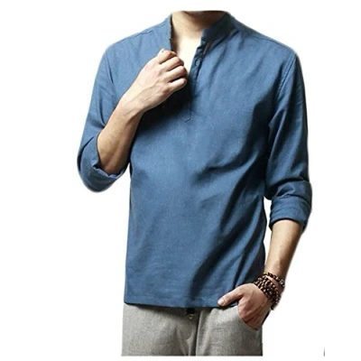 Image of Hoerev Brand Men Casual Long Sleeve Linen Shirts Beach Henley Top Blue