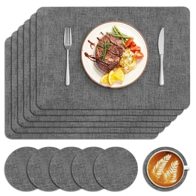 Image of Sarsumir Placemats, Placemats and Coaster Sets 6 Place Mats Coasters PU Leather Dining Table Washable Heat Resistant Non Slip for Home Restaurant Dinner Party, Grey