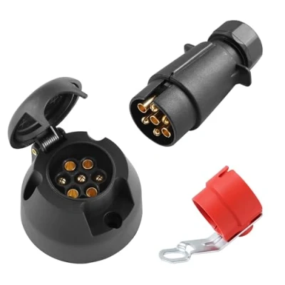Image of SPARKMOTO 7 Pin Trailer Plug and Socket, 12V Socket with Red Holder Towing Connector For Boat RV Cars Caravan Adapter (Screw Cap)