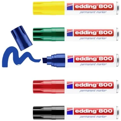 Image of edding 800 permanent marker multi coloured 5 pens chisel nib 4 12 mm for bold markings waterproof, quick drying, smear proof cardboard, plastic, wood, metal, glass and fabric