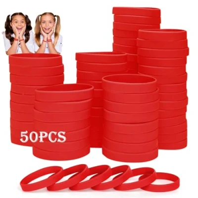 Image of HONTIUS silicone wristbands, 50PCS Red Rubber Wristbands Blank Wrist Bands Universal Wristband Set for Kids Teens Sport Suitable 8 12 aged