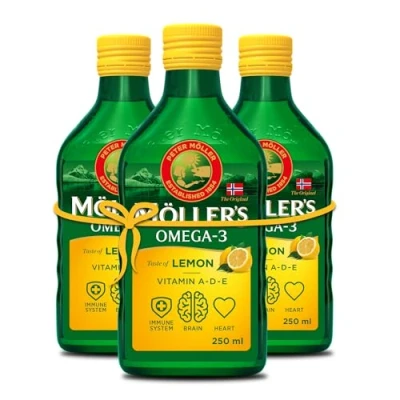Image of Moller’s ® Omega 3 cod Liver Oil Dietary Supplements with EPA, DHA, Vitamin A, D and E Superior Taste Award Pure &amp; Natural Lemon 250 ml x