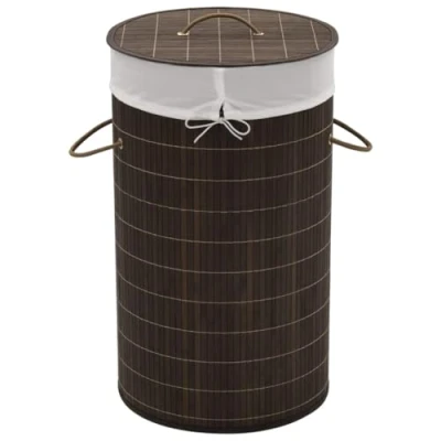 Image of vidaXL Round Bamboo Laundry Bin Dark Brown, Removable Polyester Inner Bag, Portable with Handles, Foldable, Multifunctional Storage Solution