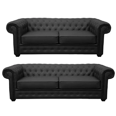 Image of Chesterfield Style Venus Sofa 3 Seater 2 Armchair Black Faux Leather (3+2 Seater)