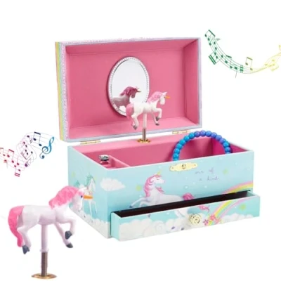 Image of Jewelkeeper Girl&#039;s Musical Jewellery Storage Box with Pull out Drawer, Rainbow Unicorn Design, The Beautiful Dreamer Tune Child Boxes, Box, Music for Girls