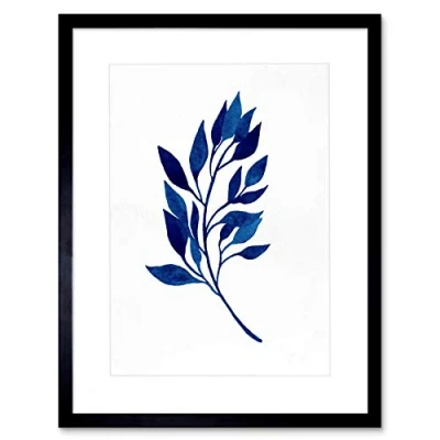 Image of Wee Blue Coo Navy Watercolour Leaves Artwork Framed Wall Art Print 12X16 Inch