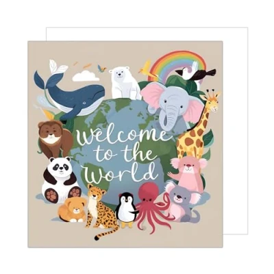 Image of Edition Seidel Premium Square Birth Greeting Card with Envelope Baby Billet Hello Boy Girl Animals World (EQ116 SW024)