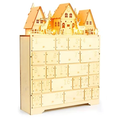 Image of VEYLIN Large Xmas Wooden Advent Calendar with LED Lights 24 Storage Drawers for Kids Adults Christmas Decoration