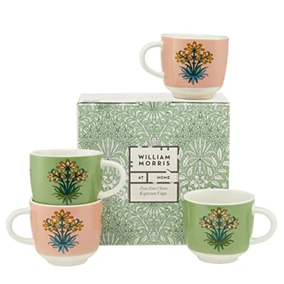 Image of William Morris At Home Useful and Beautiful Assorted Espresso Coffee Cup Gift Set 4 x 100ml Fine China Cups Dishwasher Microwave Safe Cruelty Free &amp; Vegan Friendly