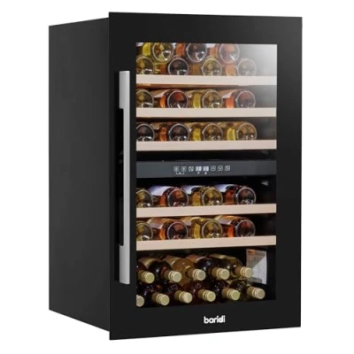 Image of Baridi 60cm Built In 57 Bottle Dual Zone Wine Cooler with Beech Wood Shelves Black DH118