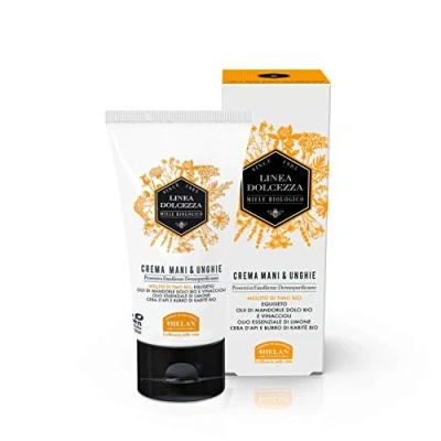 Image of Helan Linea Dolcezza Hand Cream &amp; Nail Strengthener with Organic Shea Butter, Beeswax Sweet Almond Oil Nourishing for Soft Skin Emollient, Dermopurifying Action Made in Italy, 75 ml