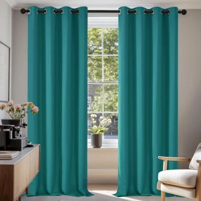 Image of Deconovo Super Soft Solid Thermal Insulated Blackout Curtains for Bedroom Eyelet 55x79 Inch Two Panels Turquoise