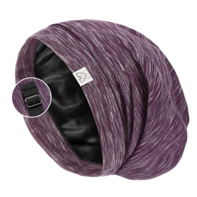 Image of hat Hut Silk Bonnet Satin Hair Wrap for Sleeping, Adjustable Sleep Cap Curly Lined Beanie Cover Women Men (UK, Alpha, L, Purple)