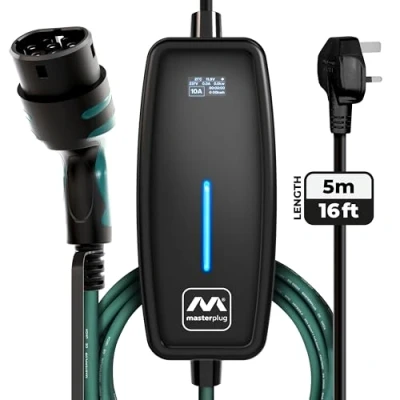 Image of Masterplug EV Charging Cable for Electric and Hybrid Vehicles, 5 Metres, Mode 2, 3 Pin UK Plug to Type 2 Car Charger, 2.4kW, EVCM221005