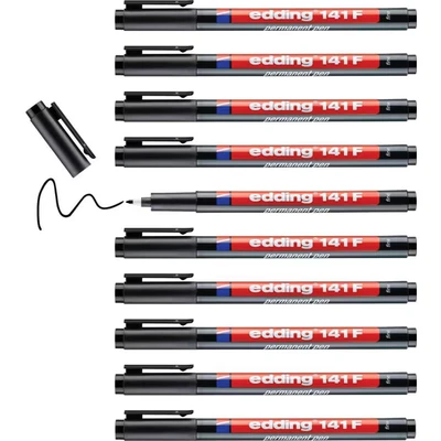 Image of edding 141 F permanent pen black 10 pens round nib 0.6 mm for writing on glass, plastic, foils and smooth surfaces permanent, quick drying, smudge proof waterproof