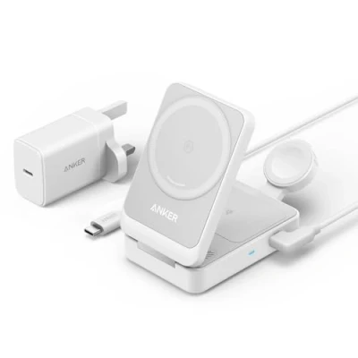 Image of Anker MagGo 3 in 1 Wireless Charging Station, MagSafe Charger Compatible, Qi2 Certified 15W Stand, Apple Watch For MagSafe, iPhone 16, 15, AirPods (40W USB C Plug Included)