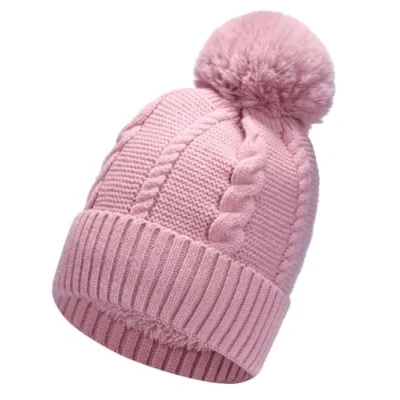 Image of Gadgets Mafia Ladies Warm Chunky Cable Knit Hat with Thermal Teddy Fleece Lining Faux Fur Pompom Winter Beanie for Women (Pink)