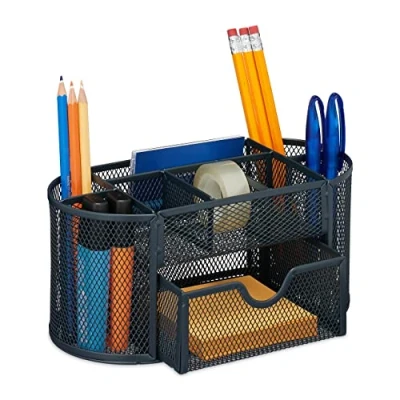 Image of Relaxdays Desk Organiser, Modern Look, Metal Mesh, Total Dimensions: H x W D approx. 10.5 22 11 cm, Grey, Steel