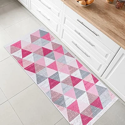 Image of Jimri Fashion4Home Short Pile Boho Kilim Rug, Living Room Bedroom and Kitchen Rug Runner, Hallway Children&#039;s Checked Light Pink, Greetings: 60 x 90 cm