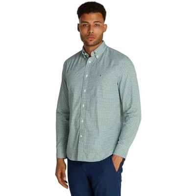 Image of Tommy Hilfiger Men’s Flex Poplin Gingham Regular Fit Shirt, Multicolor (Nouveau Green/Optic White), 3XL