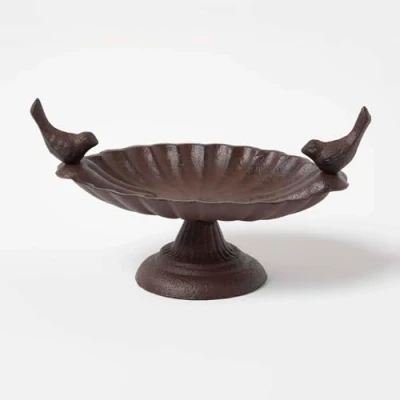 Image of HOMESCAPES Free Standing Cast Iron Oxford Bird Bath with Decorative Birds Distressed Rustic Style
