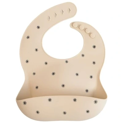 Image of Mushie Baby Silicone Bib Adjustable Fit Waterproof Bibs Easy Wipe Feeding 4 Sizes with Deep Front Pockets 100% BPA and Phthalate Free (Black Daisy)