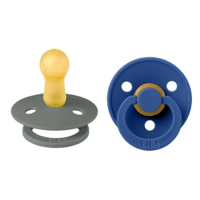 Image of BIBS Colour Soother 2 Pack, BPA Free Dummy Pacifier, Round Nipple. Natural Rubber Latex, Made in Denmark, Size (6 18 Months), Pine/Cornflower