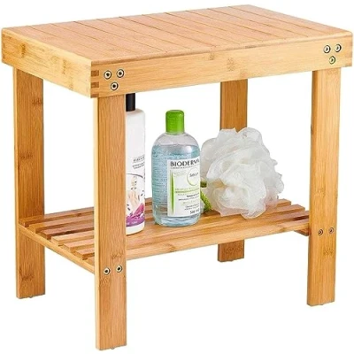 Image of VaeFae Bamboo Bathroom Stools with Non Slip Feets Storage Shelf for Shampoo Towel, Shower Wooden Stool Works in Living Room/Bedroom/Garden Leisure