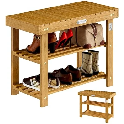 Image of CASARIA® Shoe Rack Bench with Seat 70x46x30cm 200kg Load Capacity 3 Shelf Levels Solid FSC® Certified Acacia Wood Hallway Bathroom Kitchen Wooden Brown