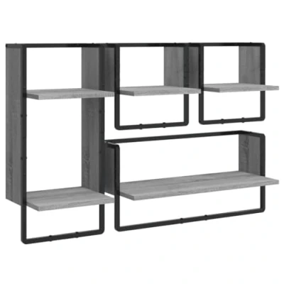 Image of vidaXL Wall Shelf Set 4 Piece with Rack function Grey Sonoma Engineered Wood Versatile for Living room or Lounge Area Requires Assembly