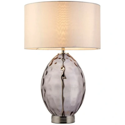 Image of Barletta Base &amp; Shade Table Lamp, Grey Tinted Glass, Bright Nickel Plate With Vintage White Fabric