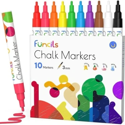 Image of Funcils Fine Tip Liquid Chalk Pens for Blackboards, Chalkboard, Window, Labels, Glass (10 Pack, 3mm) Wet Wipe Erasable Ink Board 3mm Reversible Wipeable Markers