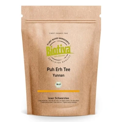 Image of Biotiva Puh Erh Tea Organic 100g Black Region Yunnan in China Camellia Sinensis Dark Brown to red Cup from Controlled Cultivation (DE eco 005)