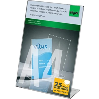 Image of SIGEL TA210 Sign Holder, slanted, for A4, single sided presentation, uv resistant acrylic, transparent, 1 Piece